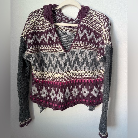 Free People Fair Isle Knitted V-Neck Pull Over Hoodie - Picture 2 of 16